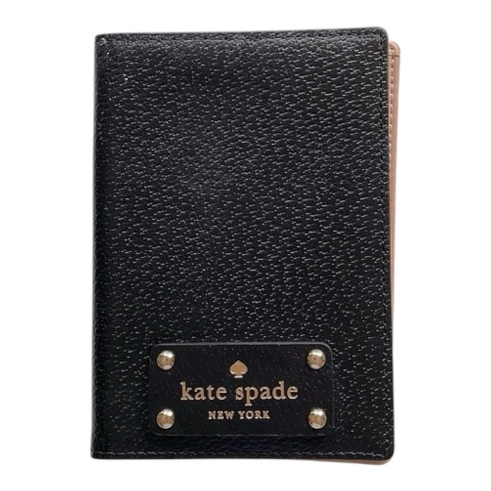 Kate Spade Travel Passport Holder Solid Black Leather Gold Pink Interior